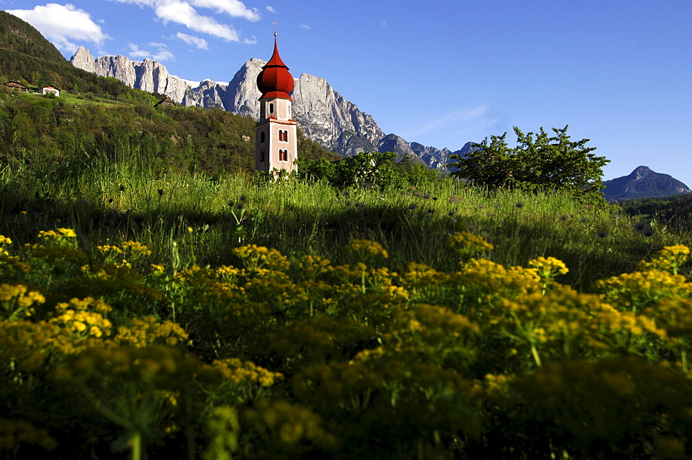 Church of St Oswald with onion dome, St Oswald, Kastelruth, Castelrotto, Schlern, South Tyrol, Italy