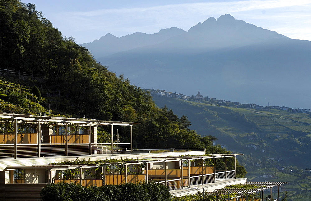 Terraces of the design hotel Pergola Residence in the sunlight, Merano, Val Venosta, South Tyrol, Italy, Europe