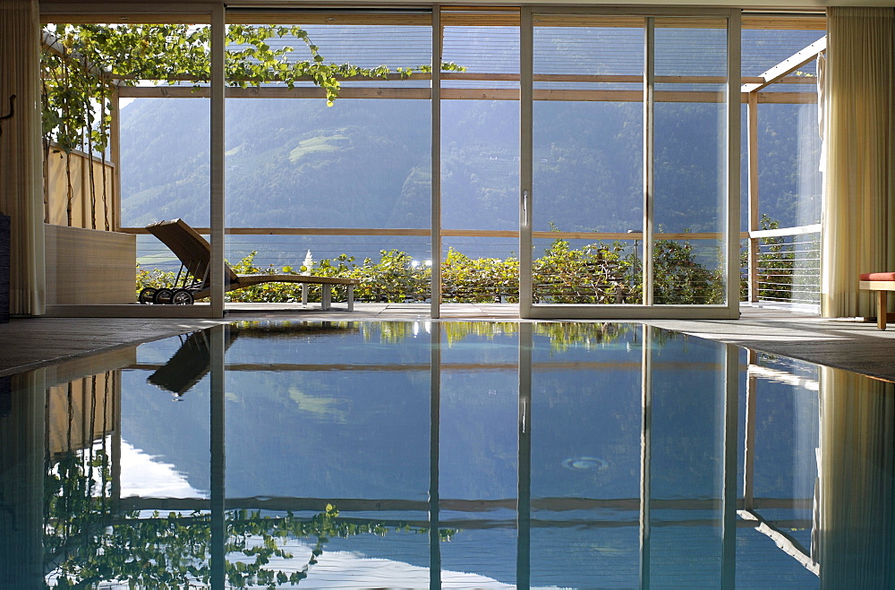 Pool in an apartment of the design hotel Pergola Residence in the sunlight, Merano, Val Venosta, South Tyrol, Italy, Europe