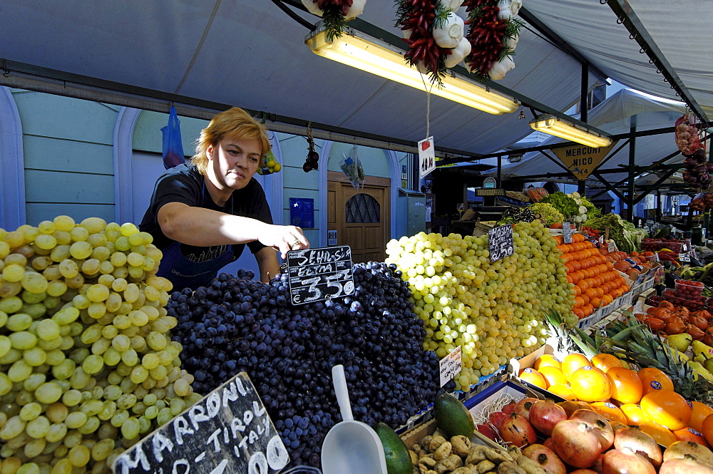 Vendor at her market stand, Bozen, South Tyrol, Italy, Europe