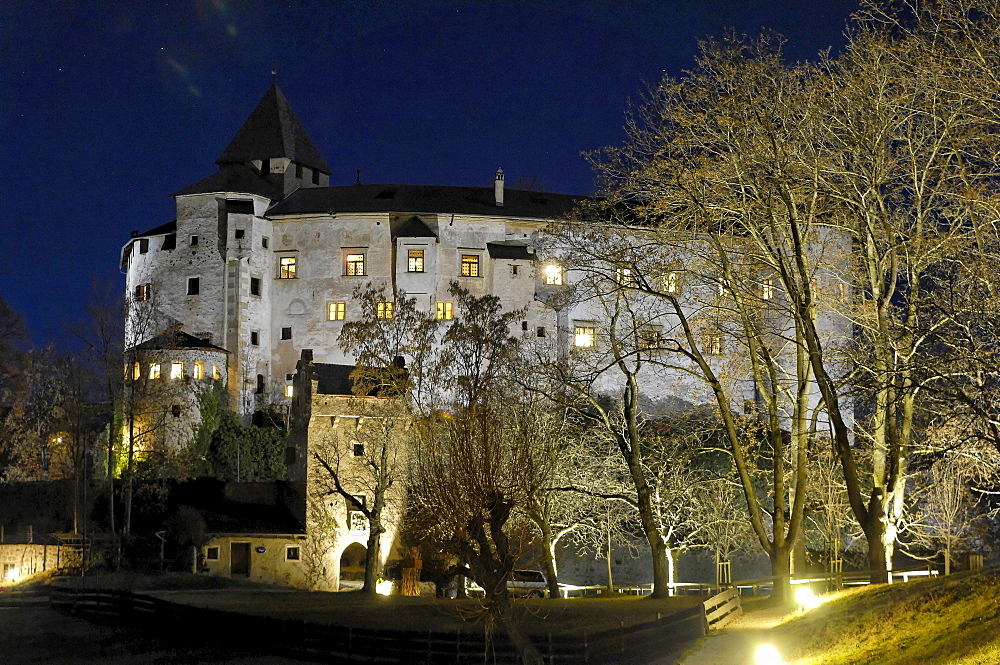 The illuminated castle Proesels at night, Voels am Schlern, South Tyrol, Italy, Europe