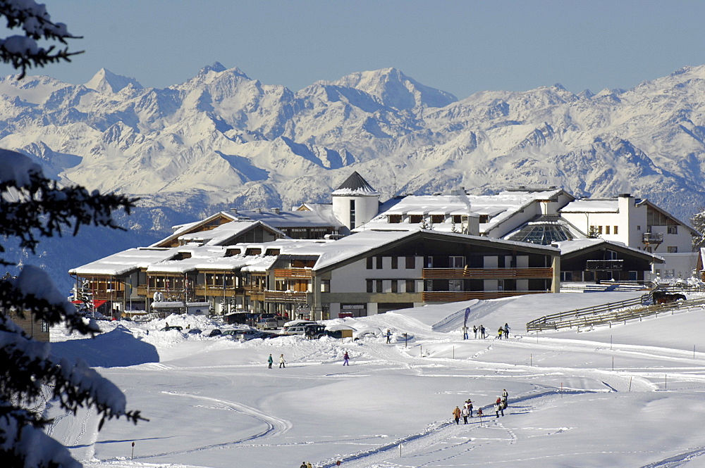 Snow covered hotel in the sunlight, Alpe di Siusi, Valle Isarco, South Tyrol, Italy, Europe