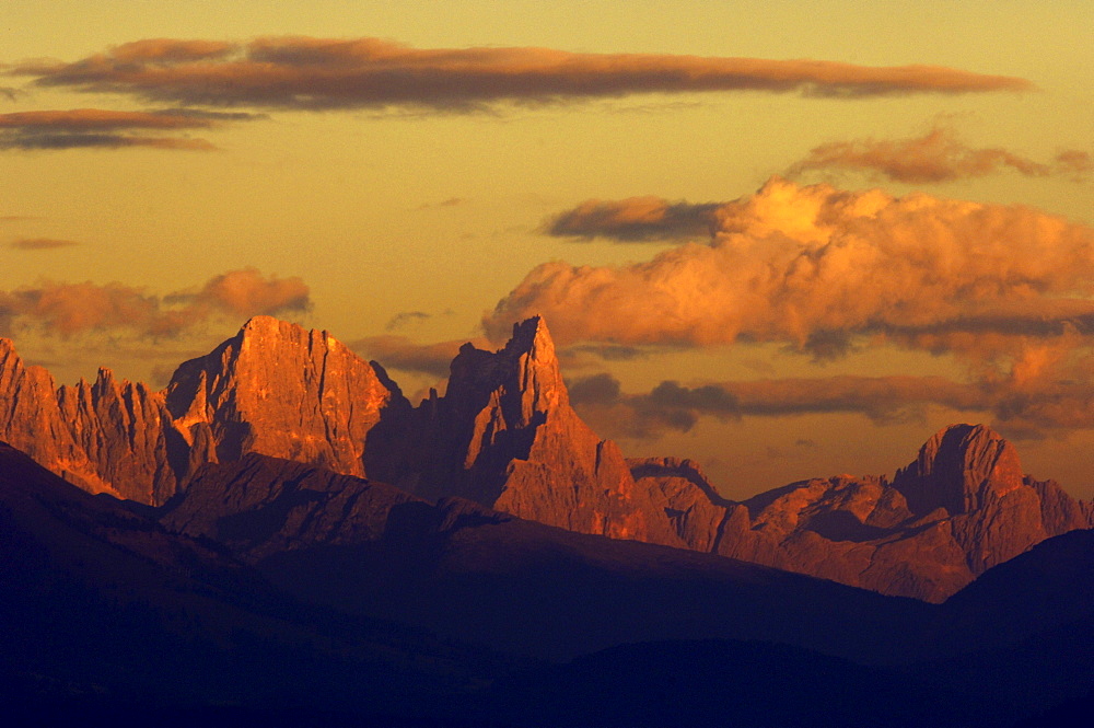 Mountain landscape at sunset, Pala Group, Dolomites, Province Trento, South Tyrol, Italy