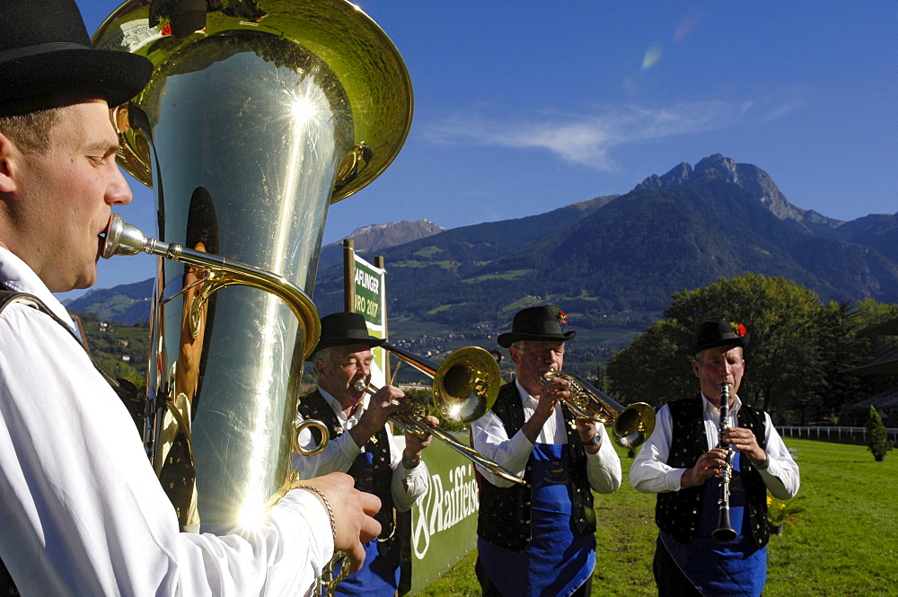 Musicians with brass instruments, tuba, Traditional clothes, Voels am Schlern, Bolzano, South Tyrol, Italy