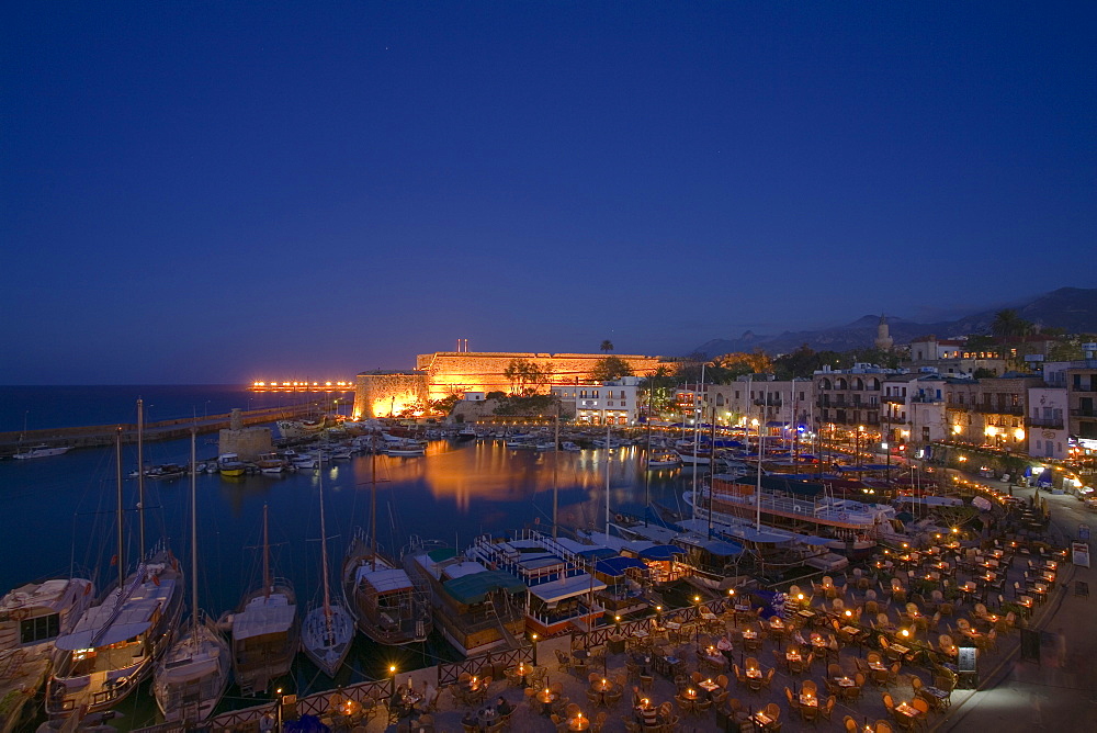 Kyrenia harbour and Kyrenia castle at night, Kyrenia, Girne, North Cyprus, Cyprus