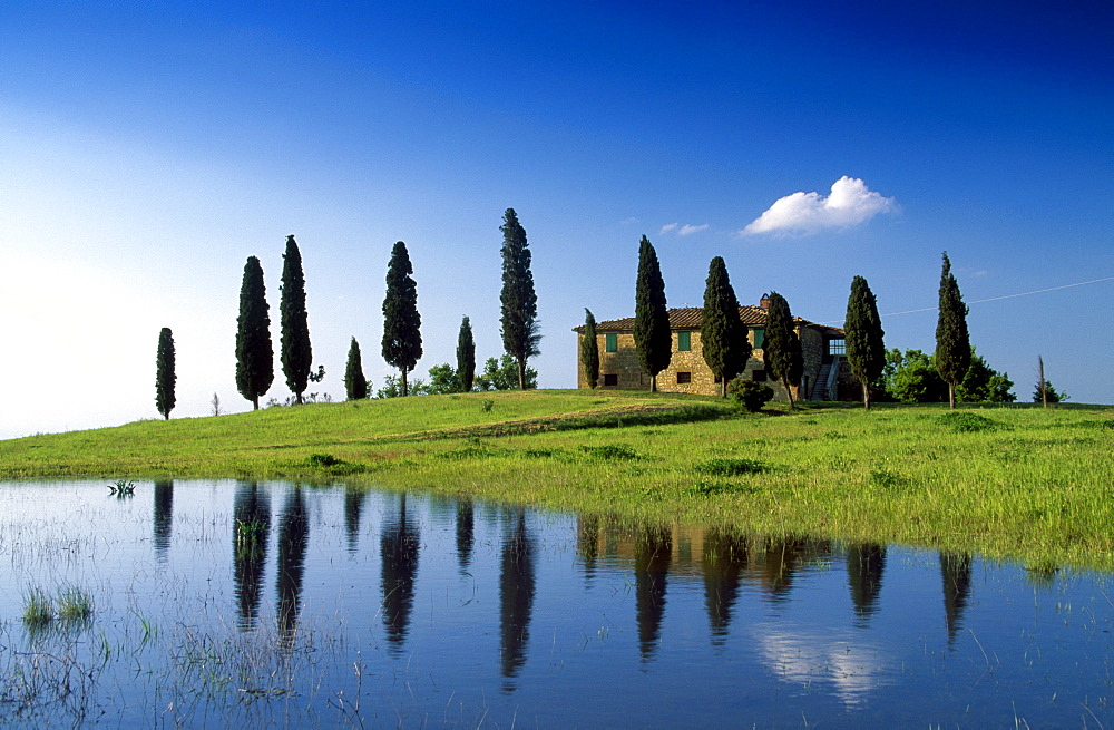 Afloated meadow and country house with cypresses, Val d'Orcia, Tuscany, Italy, Europe