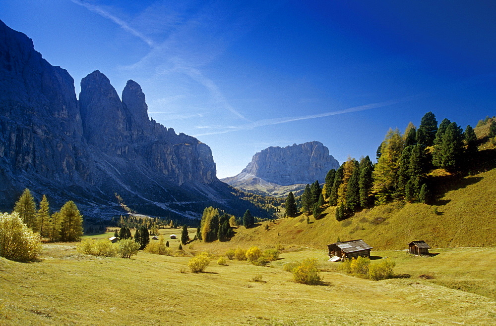 View to Sasso Lungo, Passo di Gardena, Gruppo di Sella, Dolomite Alps, South Tyrol, Italy