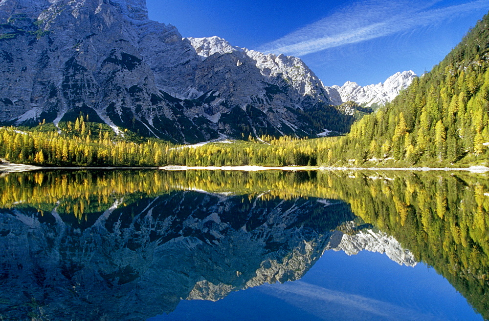 lake with reflection, Lago di Braies, Dolomite Alps, South Tyrol, Italy