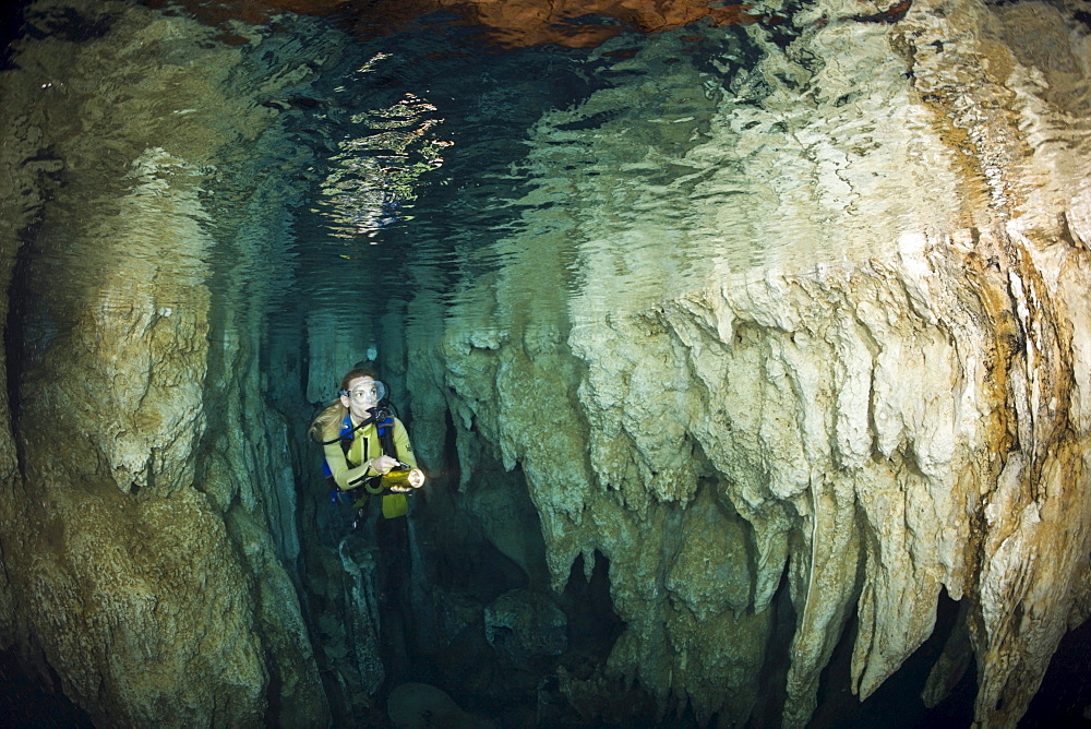 Diver in Chandelier Dripstone Cave, Micronesia, Palau