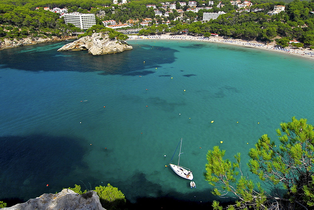 View from viewpoint towards Cala Galdana, Minorca, Balearic Islands, Spain