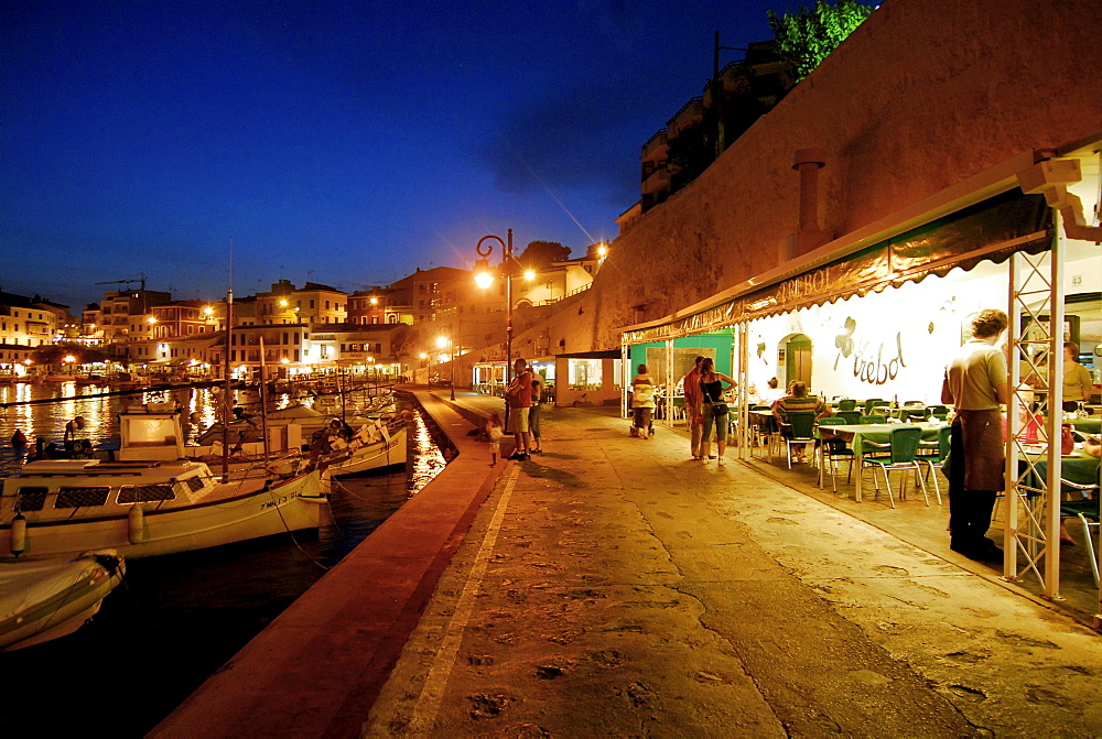 Es Castell, Restaurant Trebol in the harbour in the evening light, Minorca, Balearic Islands, Spain