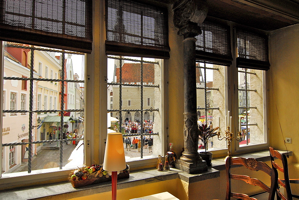 View from Balthasar restaurant towards the town hall square, Raekoja Plats, Tallinn, Estonia