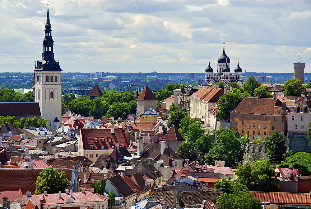 View from St. Olafs church over the old town towards the upper town, cathedral hill, Tallinn, Estonia