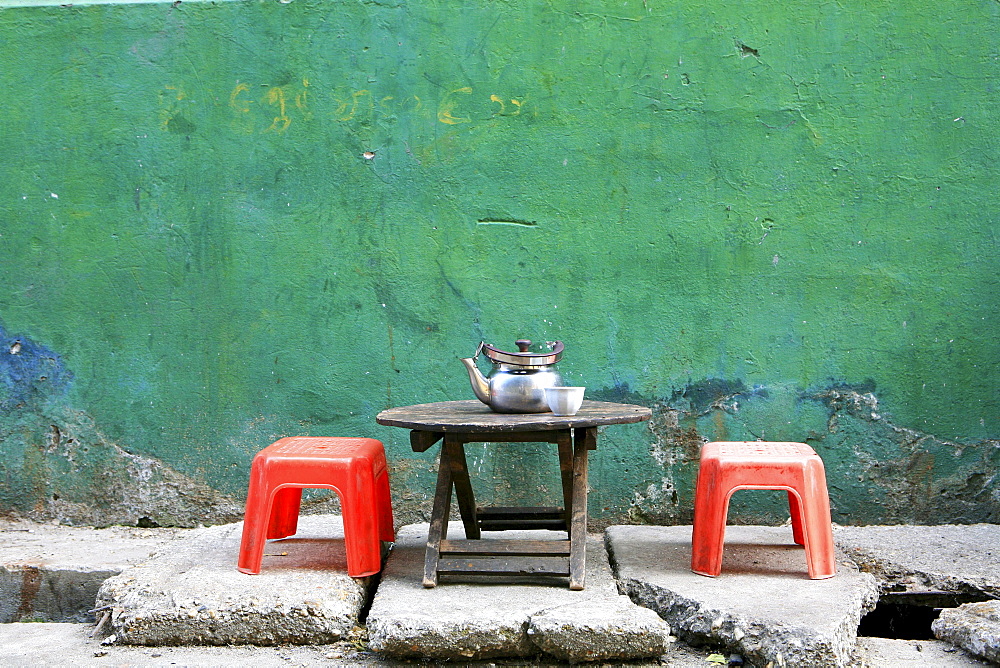 Deserted street cafe, Rangoon, Myanmar, Burma, Asia