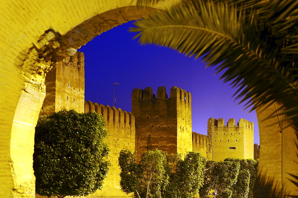 View at the illuminated city wall in the evening, Taroudannt, South Morocco, Morocco, Africa