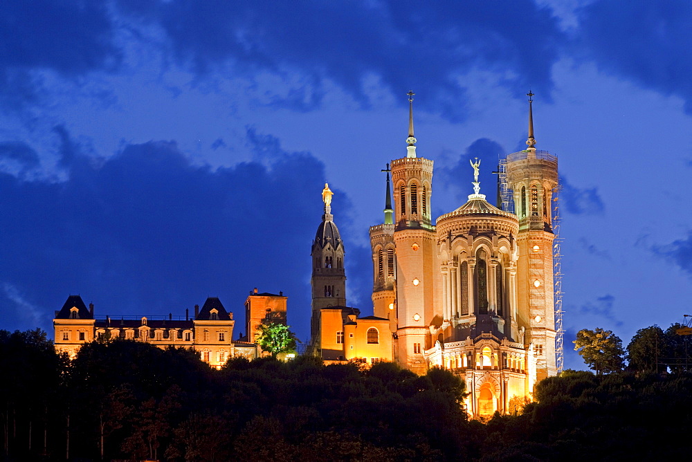 Notre Dame de Fourviere at twilight, Lyon, Rhone Alps, France