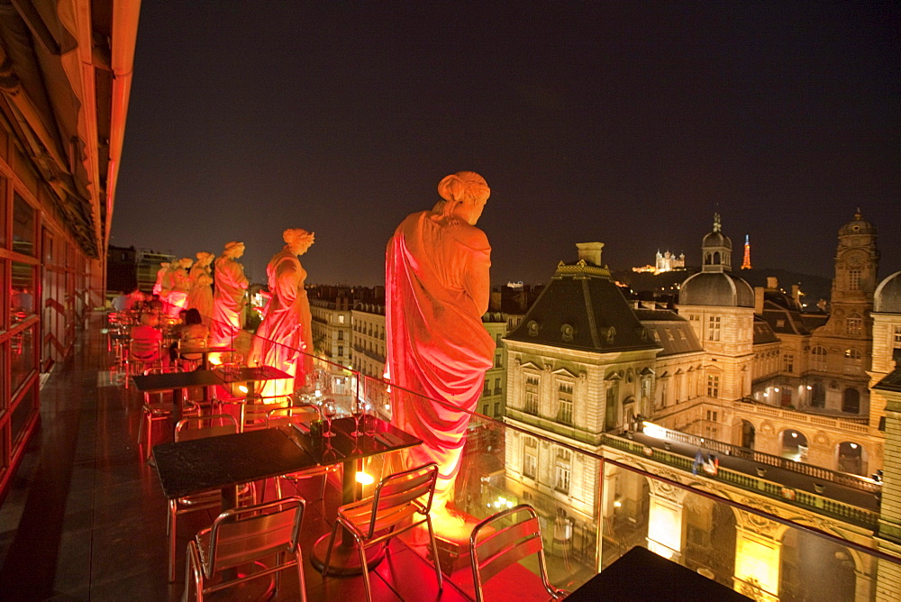 Sculptures at terasse of Opera Restaurant of Lyon redesigned by architect Jean Nouvel 1985 til 1993, Lyon, Rhone Alps, France