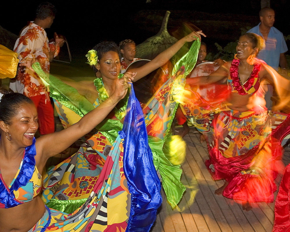 Traditional Sega dancer performing in Hotel Veranda, Troux aux Biches, Mauritius, Africa