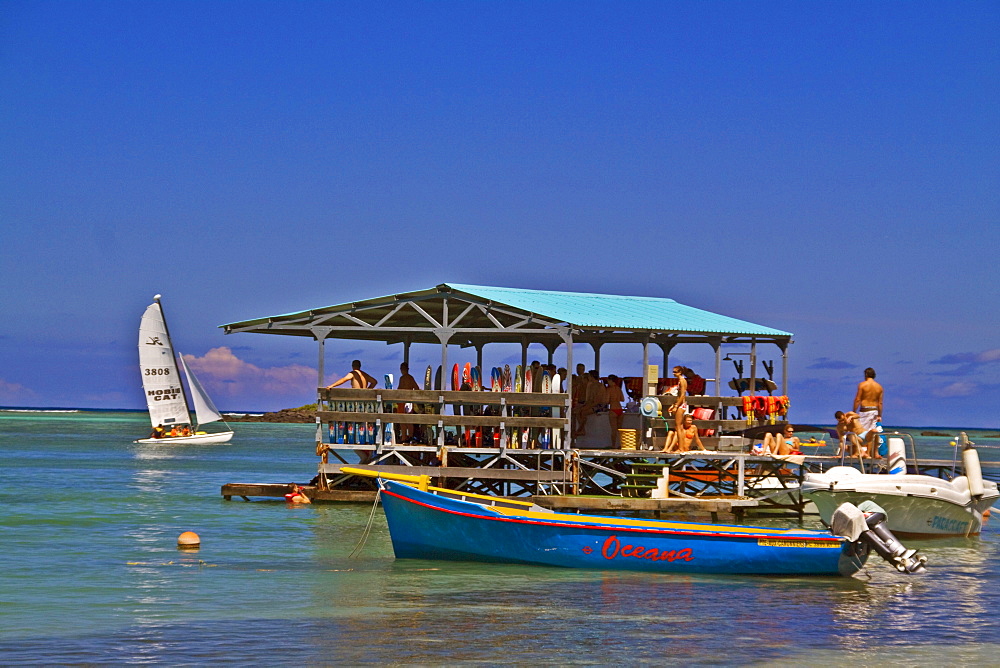 Water ski Pier of Club Med at La Pointe aux Canonniers at north east coast Mauritius, Africa