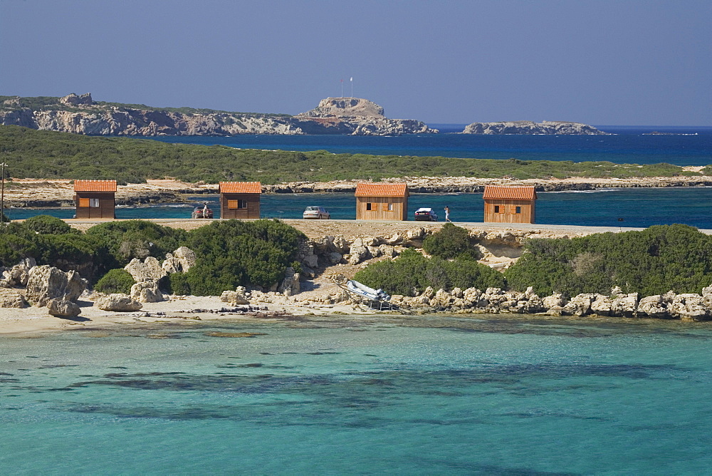 Beach with Sea Bird Restaurant and lodges, near St. Andrew Monastery, Cape St. Andrew and Klides Islands, Karpasia, Karpass Peninsula, Cyprus