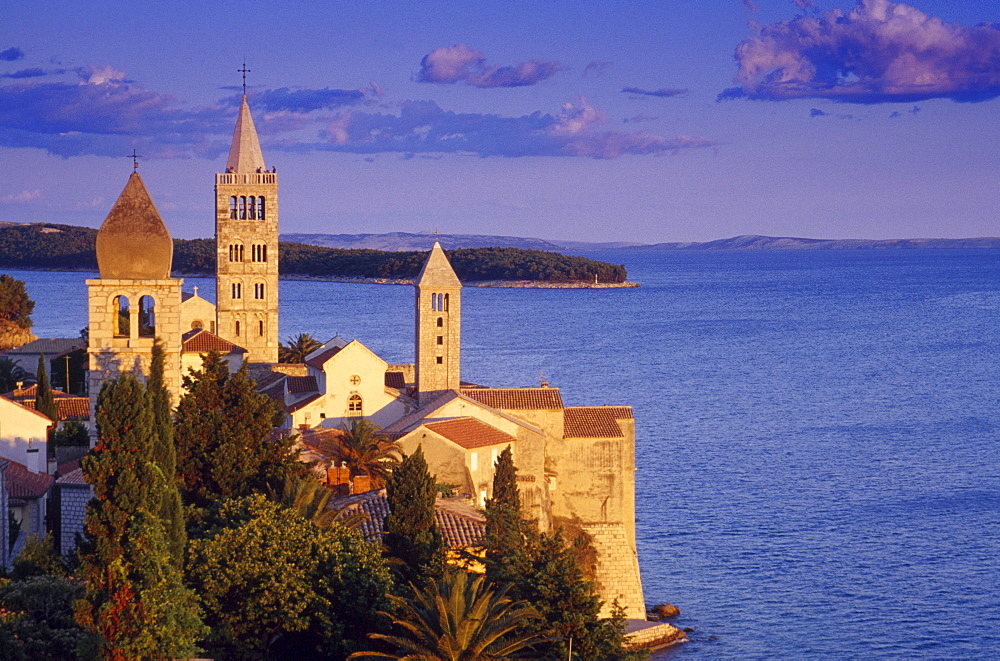 View over Bay of Kvarner and steeples in the light of the evening sun, Rab island, Croatian Adriatic Sea, Dalmatia, Croatia, Europe