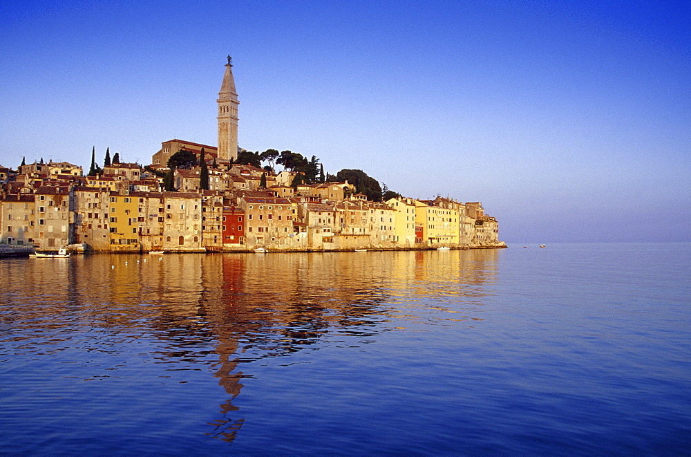 View to the Old Town of Rovinj under blue sky, Croatian Adriatic Sea, Istria, Croatia, Europe