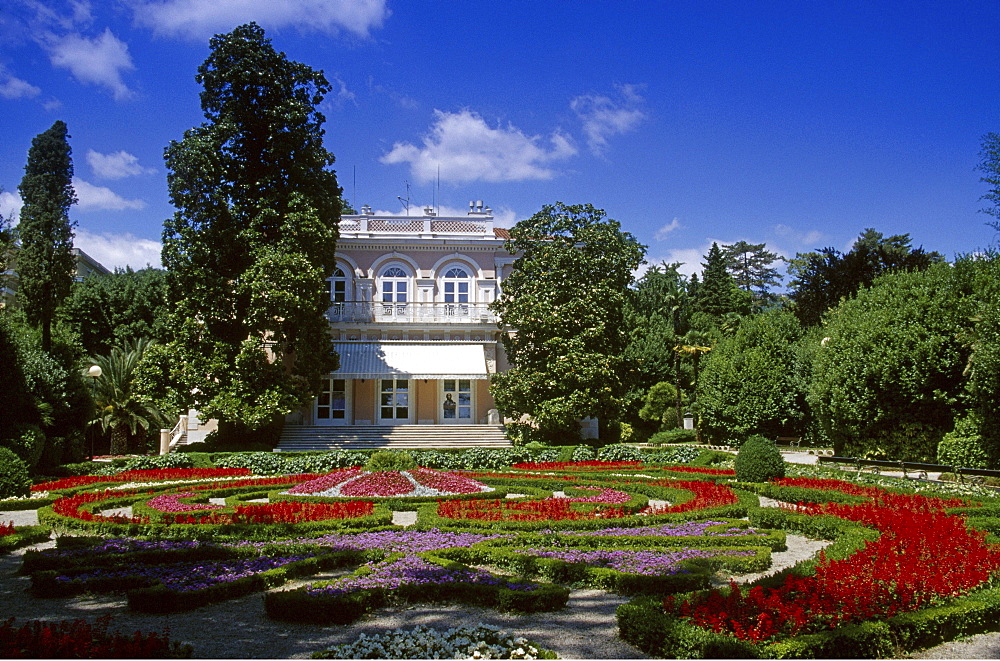 Formal garden with flowers in front of Villa Angiolina, Opatija, Croatian Adriatic Sea, Istria, Croatia, Europe