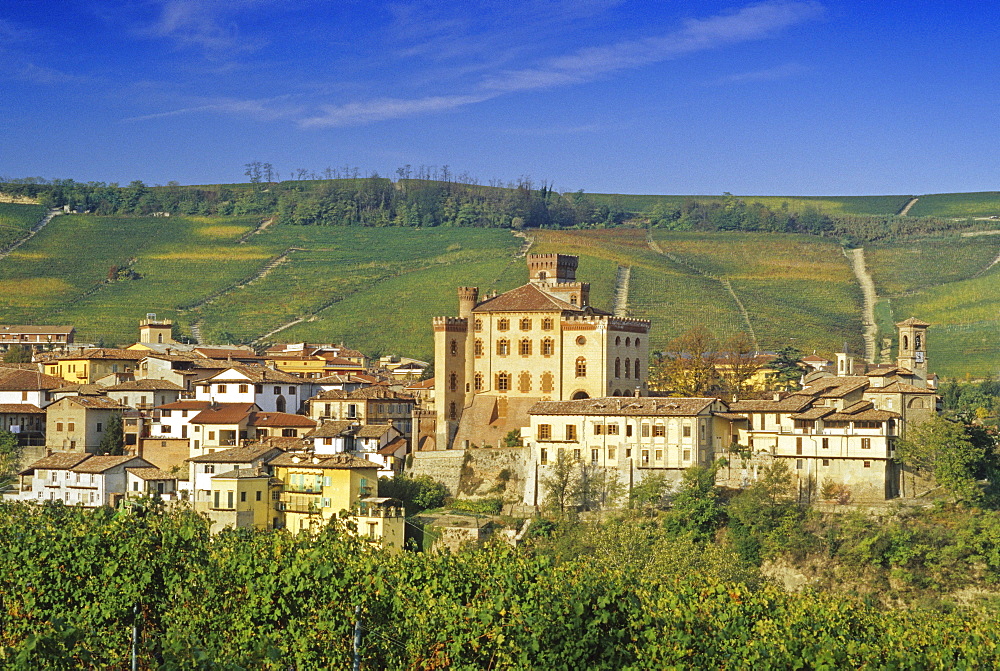Castle on a hill in the sunlight, Barolo, Piedmont, Italy, Europe