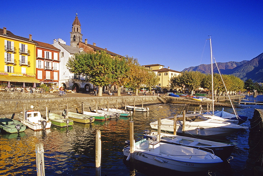 Boats at harbour under blue sky, Ascona, Lago Maggiore, Ticino, Switzerland, Europe