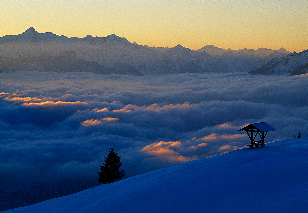 Mountain range and cloud cover at sunset, Wank, Bavaria, Germany, Europe