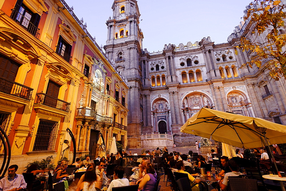 Cafe in Plaza del Obispo, cathedral in background, Malaga, Andalusia, Spain