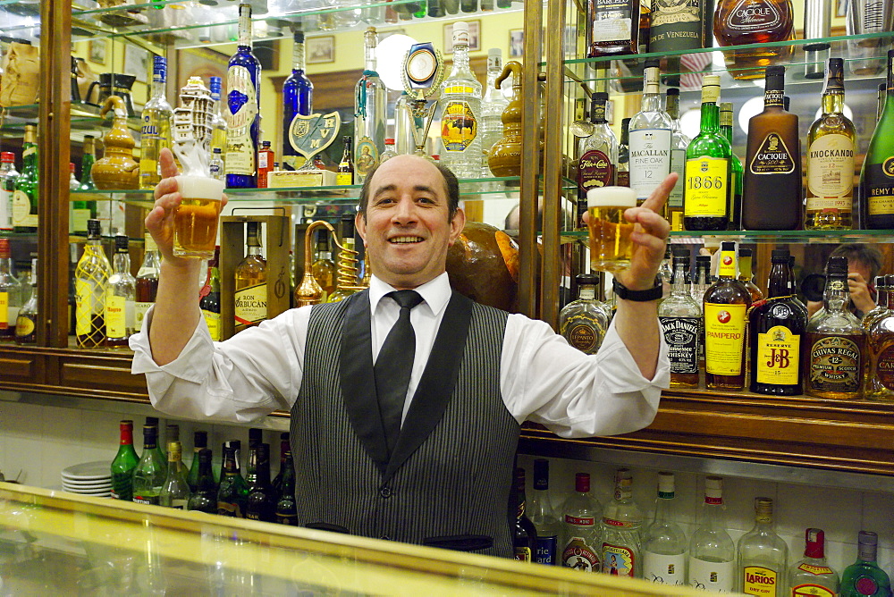 Barkeeper serving ber in a bar, Cava Baja, Madrid, Spain