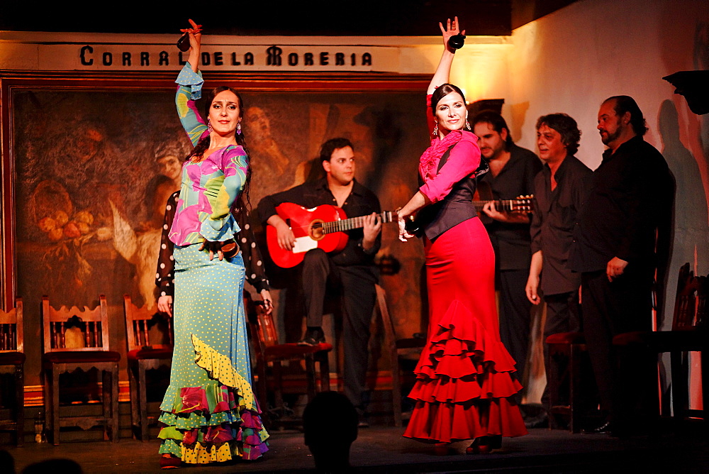 Two women dancing flamenco in the flamenco restaurant Corral de la Maoreira, Madrid, Spain