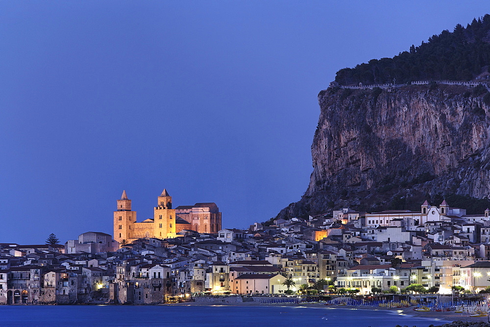 View to Cefalu with Rocca di Cefalu, Cefaly, Sicily, Italy