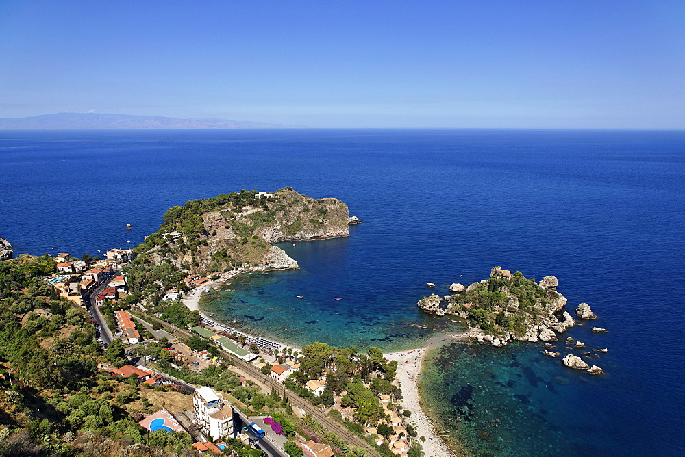 Aerial shot of Isola Bella, Taormina, Sicily, Italy