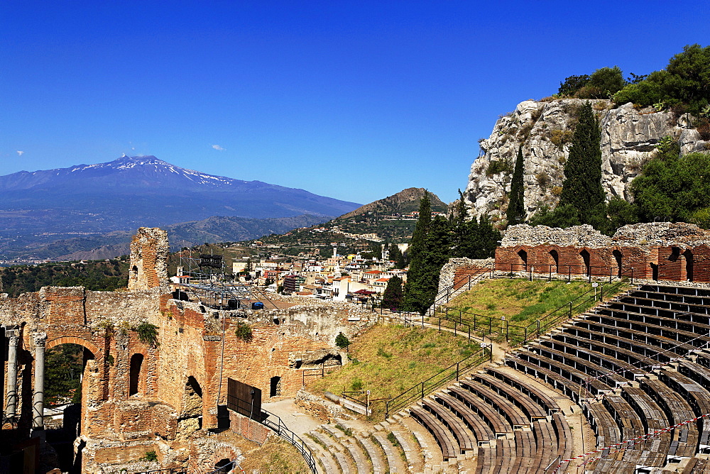 Ancient theater with mount Etna in background, Taormina, Sicily, Italy