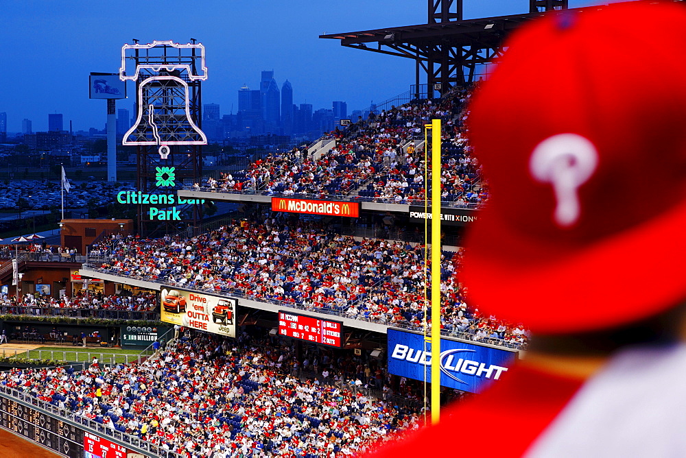 Baseball match between the Phillies and the Atlanta Braves, Downtown Philadelphia in the back, Philadelphia, Pennsylvania, USA