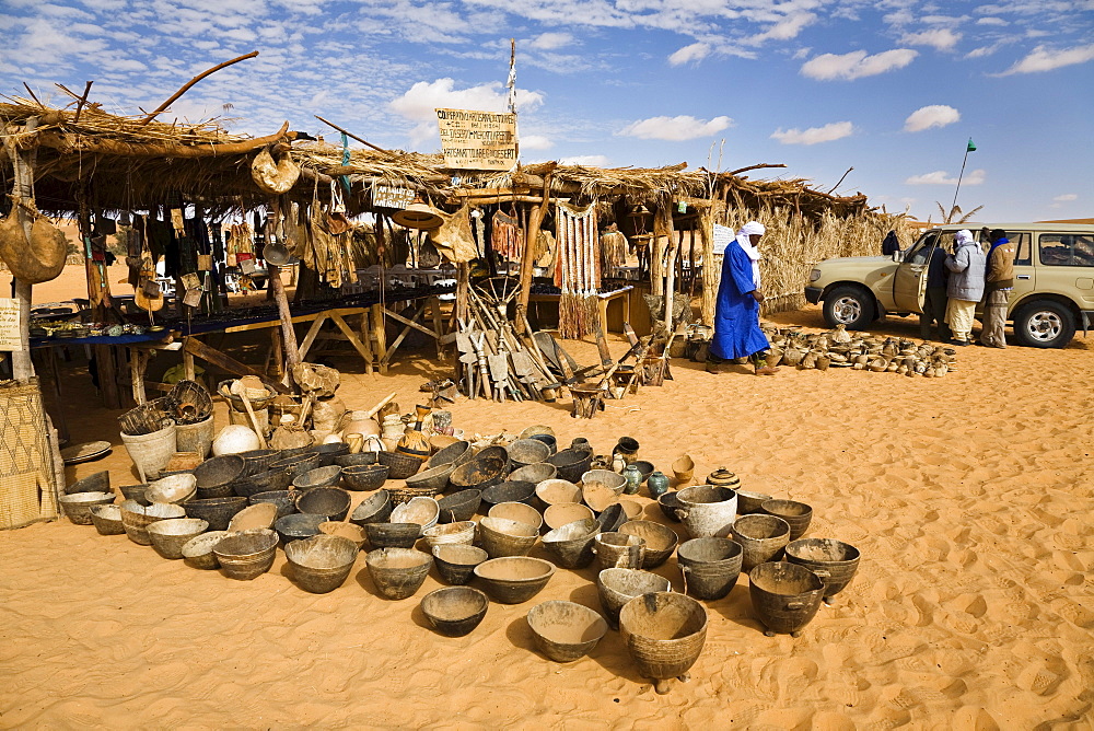 Souvenir shops at Mandara Lakes, oasis Um el Ma, libyan desert, Libya, Sahara, North Africa