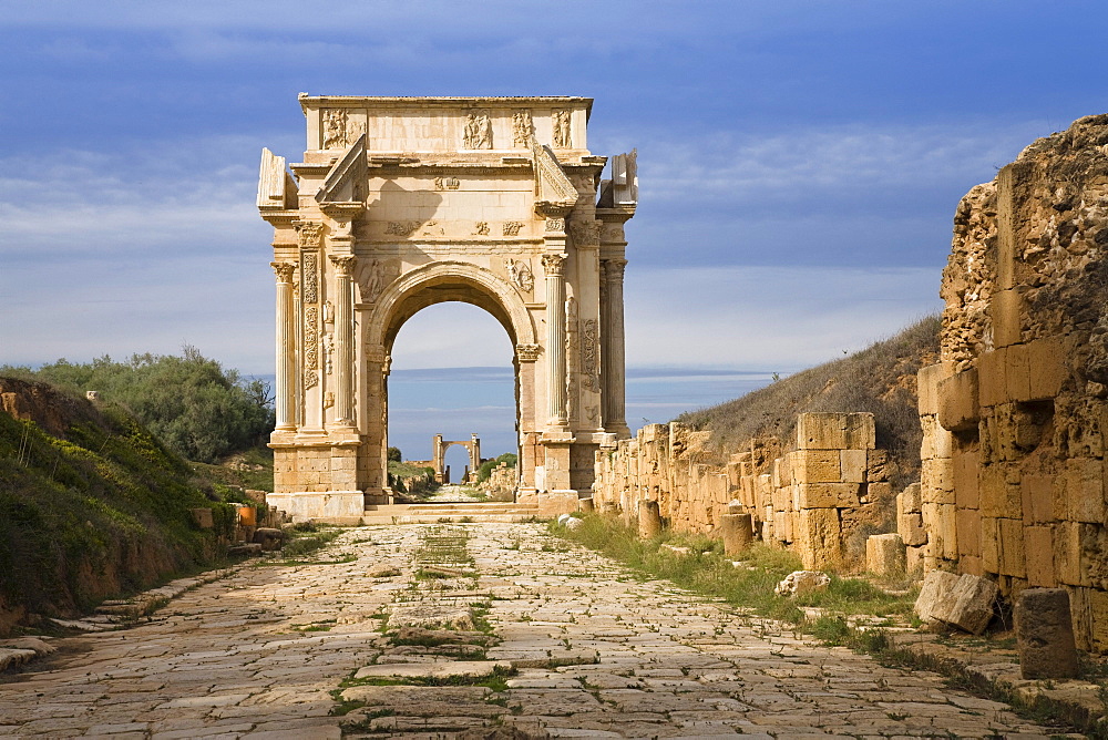 Arch of the roman Emperor Septimius Severus, Archaeological Site of Leptis Magna, Libya, Africa