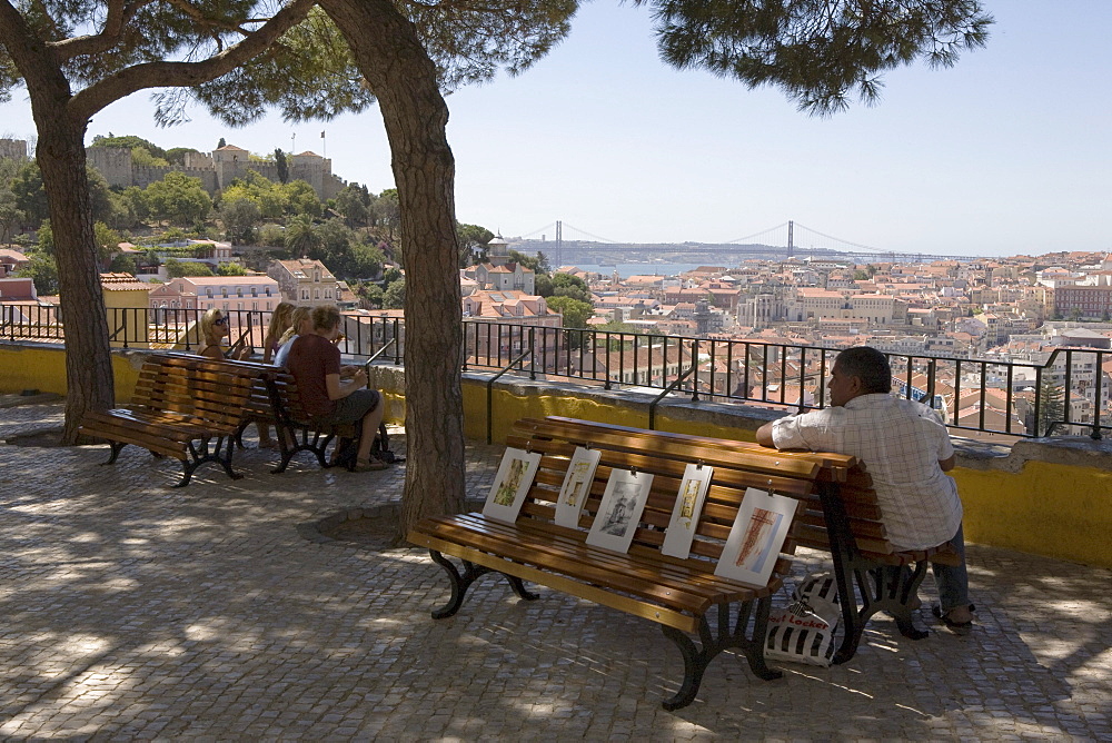 Miradouro da Igreja da Graca, Viewpoint towards the old Baixa city center and the river Tejo, Lisbon, Portugal