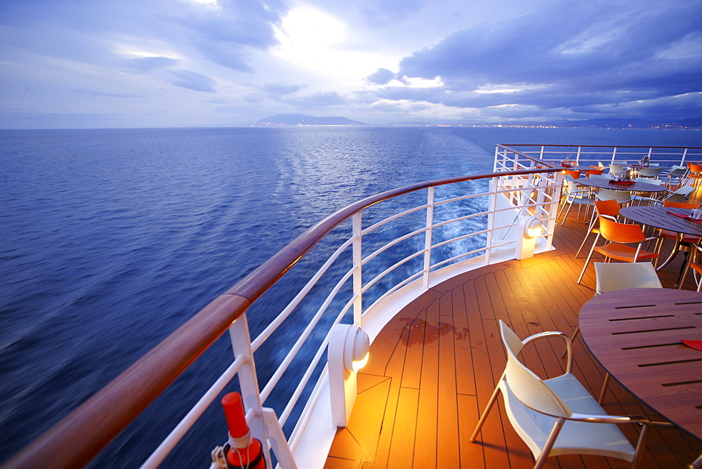 Stern and backwash of AIDA Bella cruiser in the evening, Mediterranean Sea