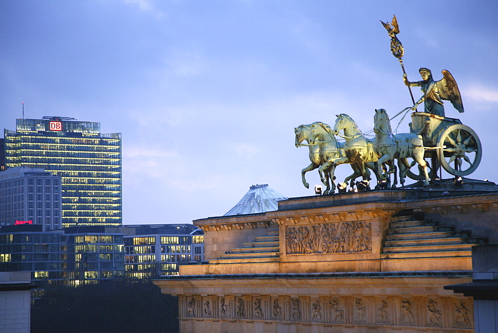 Quadriga, Brandenburg Gate and BahnTower in the evening, Berlin, Germany, Europe