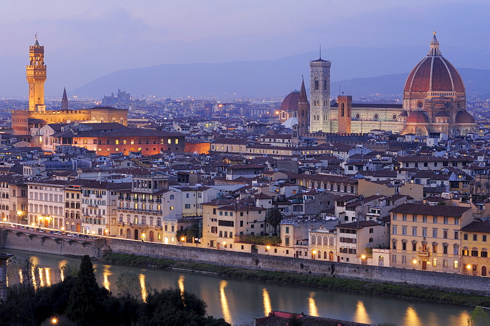 Illuminated city of Florence with Palazzo Vecchio and cathedral Santa Maria del Fiore, Florence, UNESCO world heritage site, Tuscany, Italy