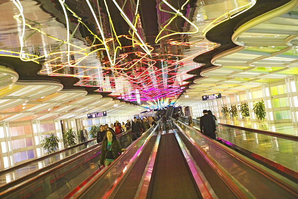 Light sculptures and moving walkway at O'Hare International Airport, Chicago, Illinois, USA