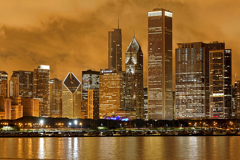 Lake Michigan and Chicago skyline seen from Adler Planetarium, Chicago, Illinois, USA