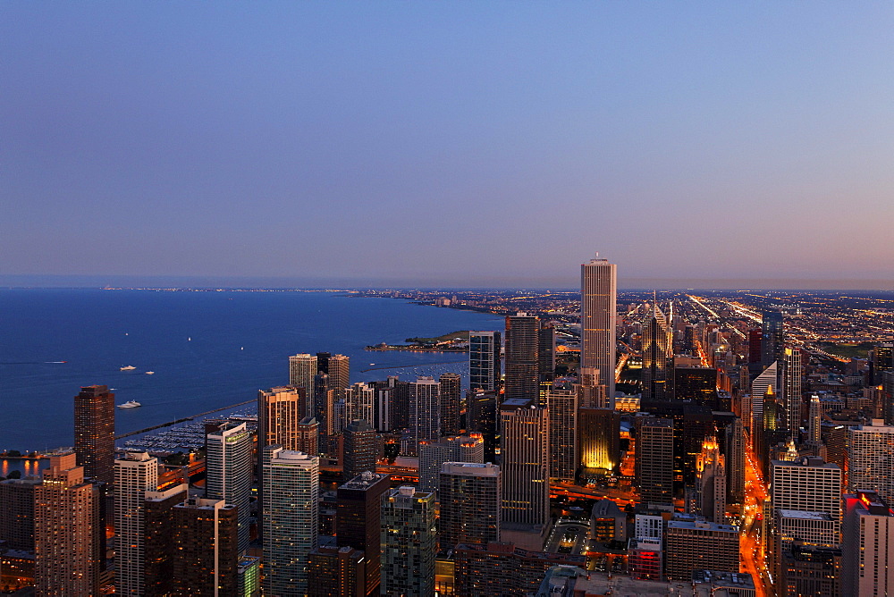 View from the Observatory Deck of the John Hanckock Tower onto the high-rises of the loop district, Chicago, Illinois, USA