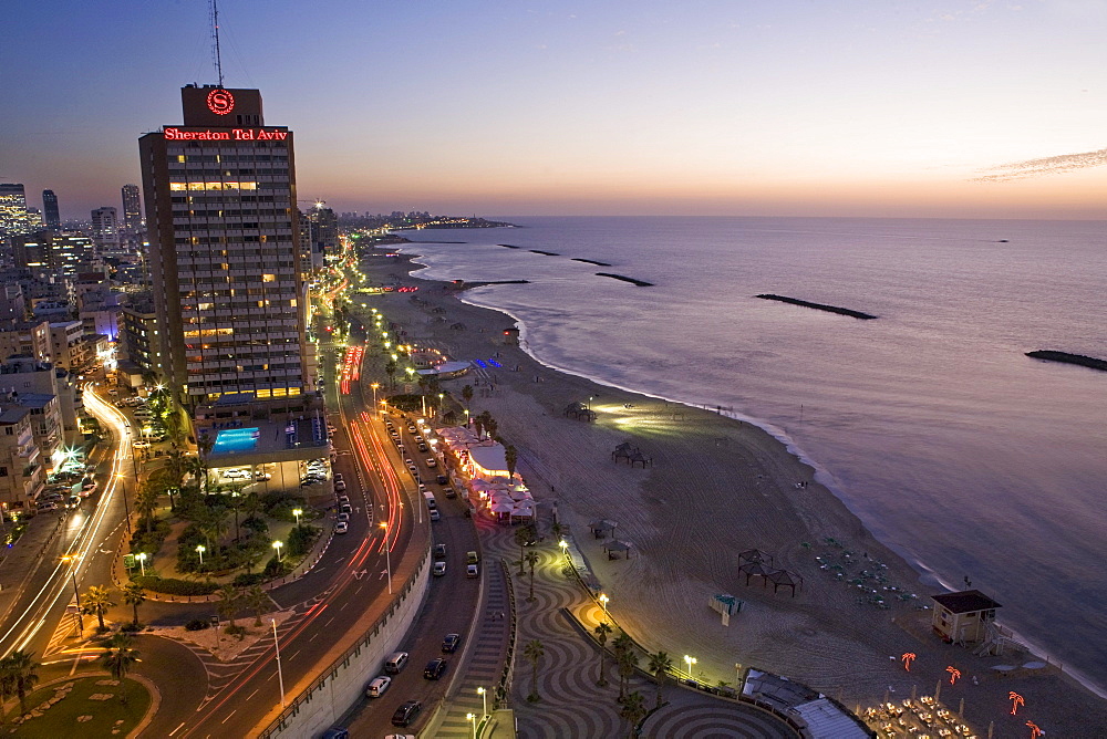 Sheraton Hotel, Herbert Samuel Street and the beaches in the evening, Tel Aviv, Israel, Middle East