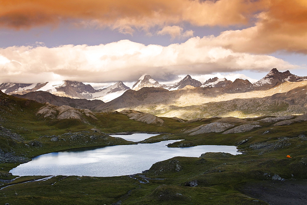 Laghi Trebecchi, Col de Nivolet, Gran Paradiso range in background, Gran Paradiso National Park, Aosta valley, Italy