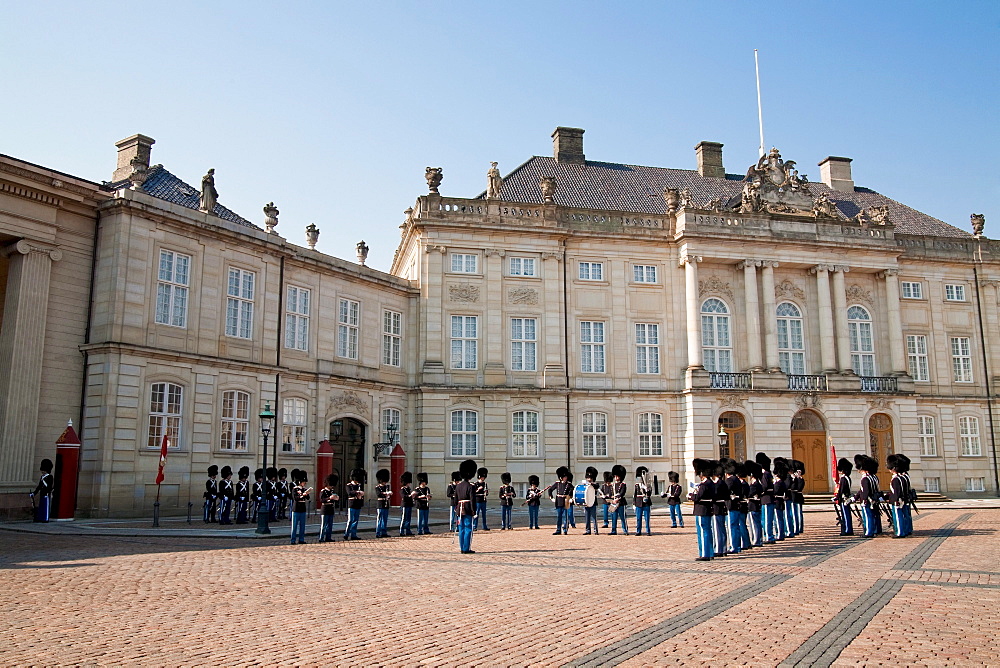 Duty change of royal guards in front of Amalienborg palace, Copenhagen, Denmark