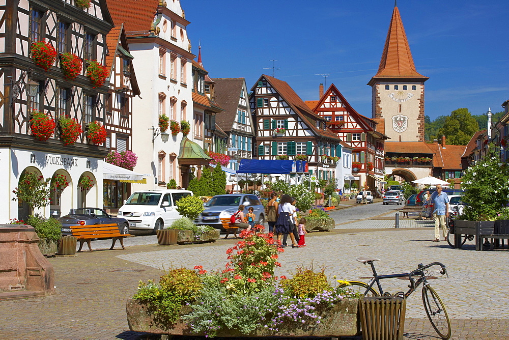 Market place and the city gate Obertor at the town of Gengenbach, Summer, Gengenbach, Ortenaukreis, Black Forest, Baden-Wuerttemberg, Germany, Europe